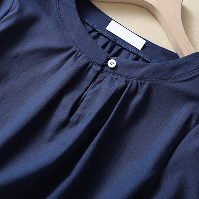 Casual Women's Plain Crew Neck Button Design Half Sleeve Cotton Linen Shirt