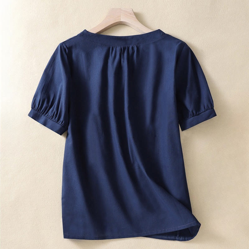 Casual Women's Plain Crew Neck Button Design Half Sleeve Cotton Linen Shirt