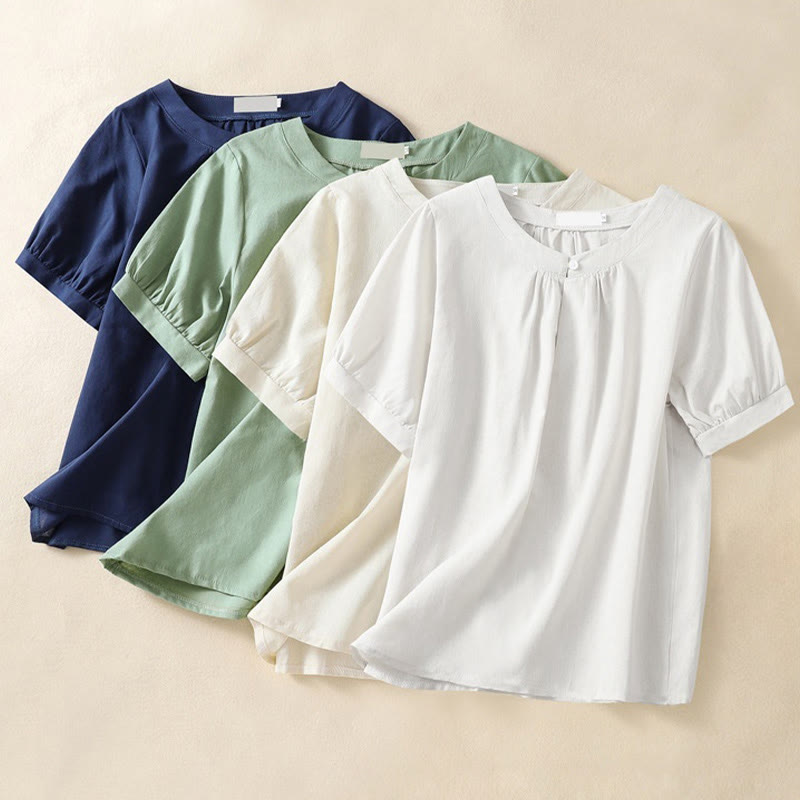 Casual Women's Plain Crew Neck Button Design Half Sleeve Cotton Linen Shirt