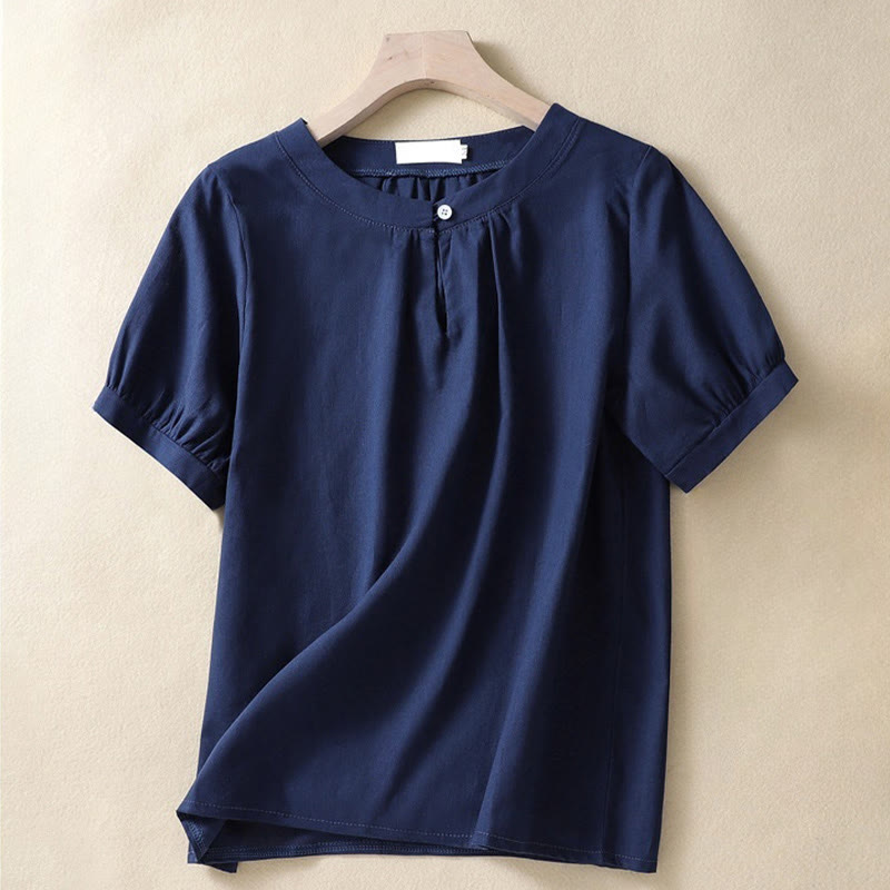 Casual Women's Plain Crew Neck Button Design Half Sleeve Cotton Linen Shirt