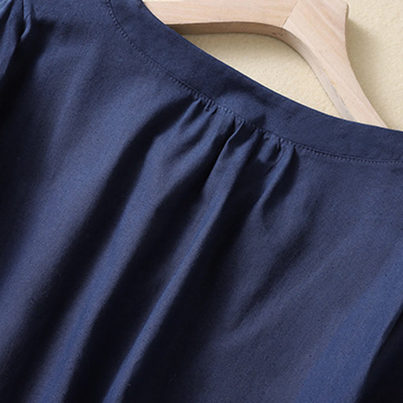 Casual Women's Plain Crew Neck Button Design Half Sleeve Cotton Linen Shirt