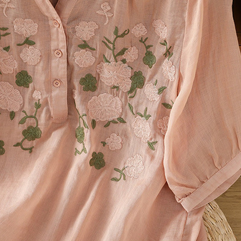 Casual Women's Flowers Green Leaves Embroidery Pattern V-Neck Design Half Sleeve Cotton Linen Shirt
