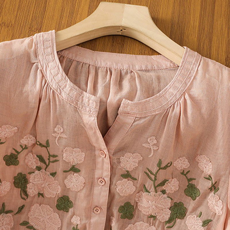 Casual Women's Flowers Green Leaves Embroidery Pattern V-Neck Design Half Sleeve Cotton Linen Shirt