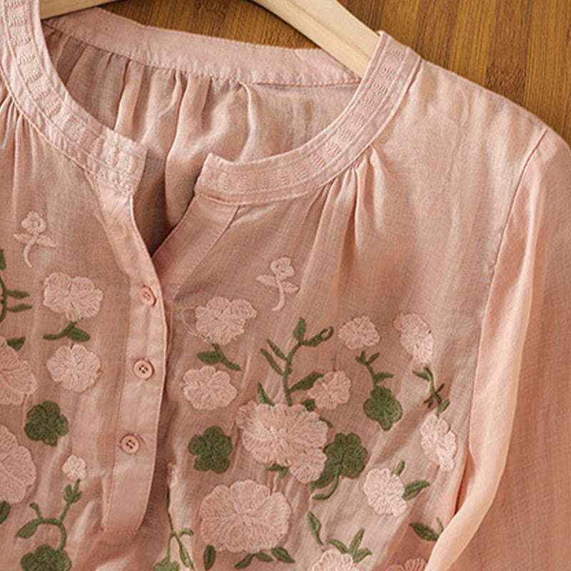 Casual Women's Flowers Green Leaves Embroidery Pattern V-Neck Design Half Sleeve Cotton Linen Shirt