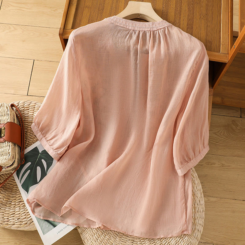 Casual Women's Flowers Green Leaves Embroidery Pattern V-Neck Design Half Sleeve Cotton Linen Shirt