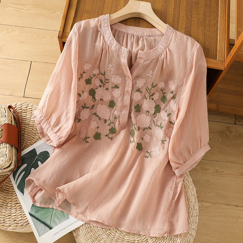 Casual Women's Flowers Green Leaves Embroidery Pattern V-Neck Design Half Sleeve Cotton Linen Shirt