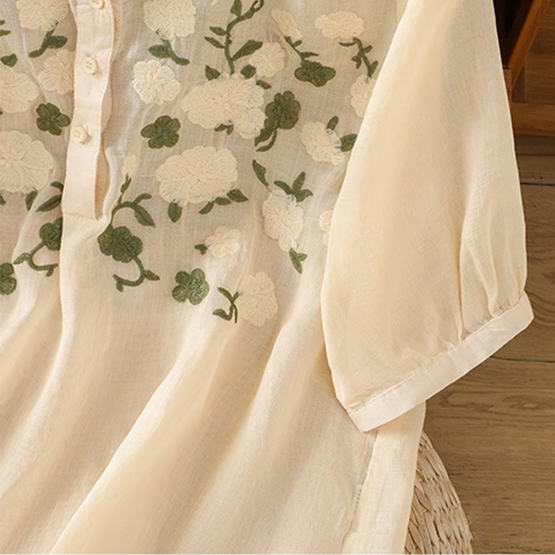 Casual Women's Flowers Green Leaves Embroidery Pattern V-Neck Design Half Sleeve Cotton Linen Shirt