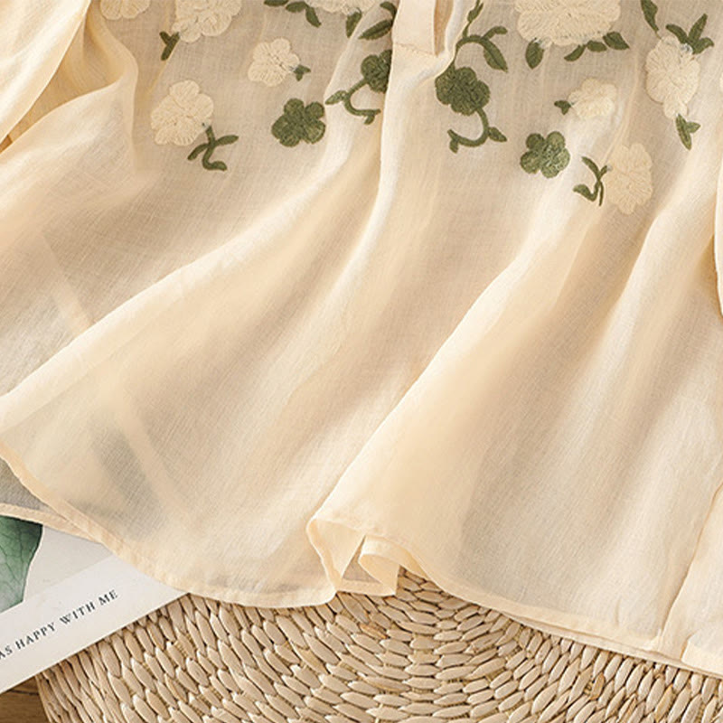 Casual Women's Flowers Green Leaves Embroidery Pattern V-Neck Design Half Sleeve Cotton Linen Shirt