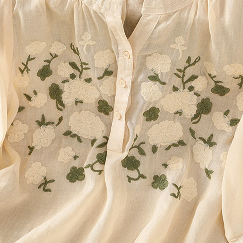 Casual Women's Flowers Green Leaves Embroidery Pattern V-Neck Design Half Sleeve Cotton Linen Shirt