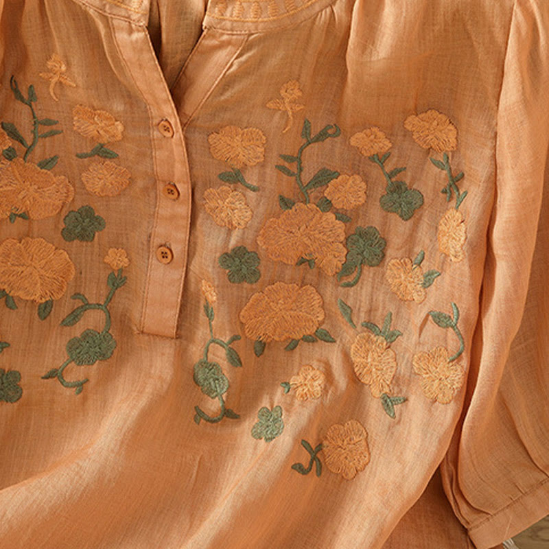Casual Women's Flowers Green Leaves Embroidery Pattern V-Neck Design Half Sleeve Cotton Linen Shirt