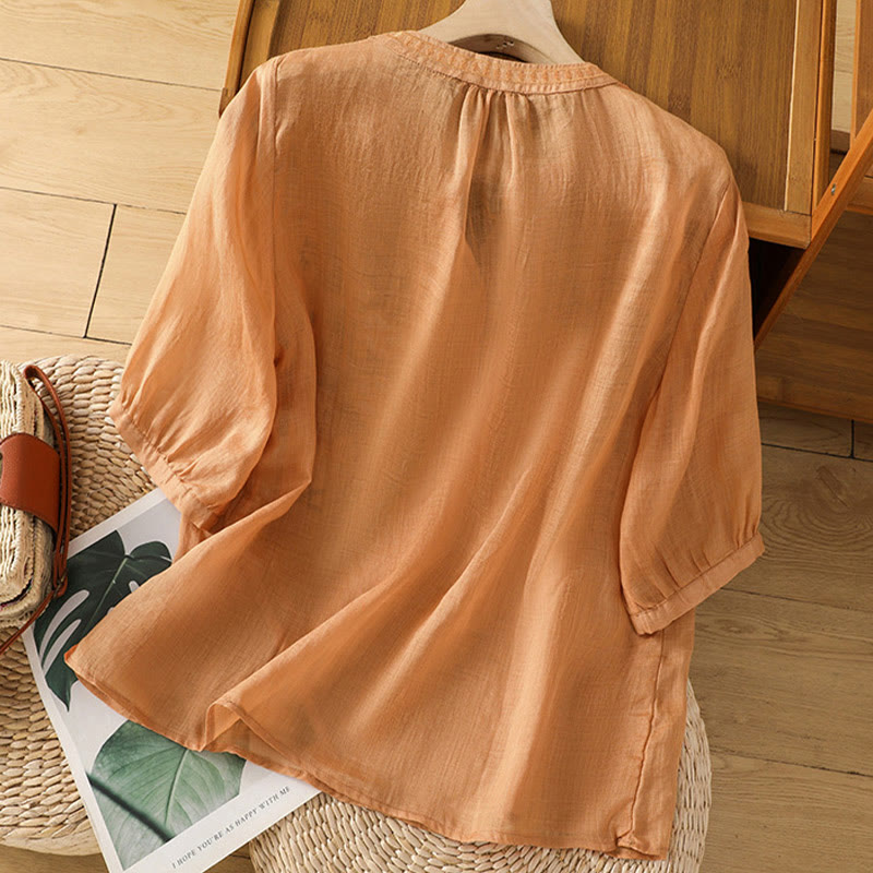 Casual Women's Flowers Green Leaves Embroidery Pattern V-Neck Design Half Sleeve Cotton Linen Shirt