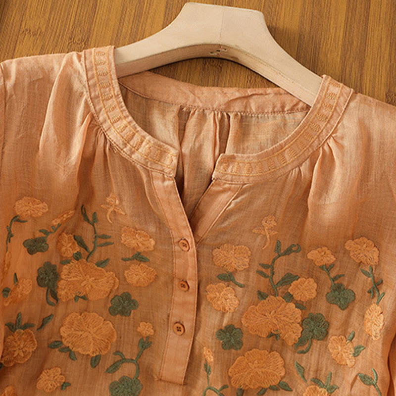 Casual Women's Flowers Green Leaves Embroidery Pattern V-Neck Design Half Sleeve Cotton Linen Shirt