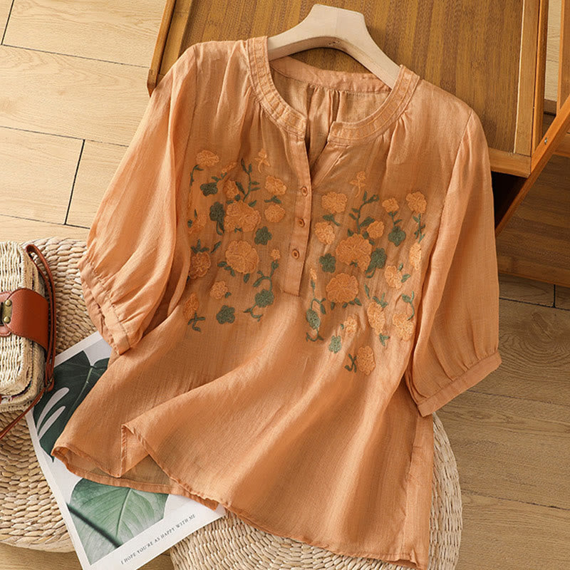 Casual Women's Flowers Green Leaves Embroidery Pattern V-Neck Design Half Sleeve Cotton Linen Shirt