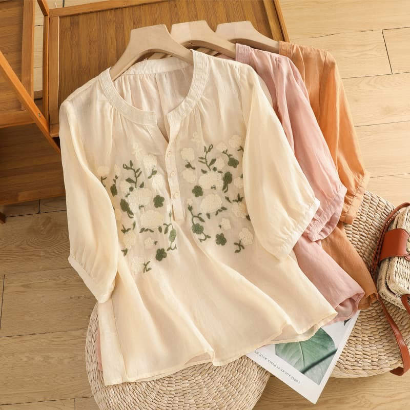 Casual Women's Flowers Green Leaves Embroidery Pattern V-Neck Design Half Sleeve Cotton Linen Shirt