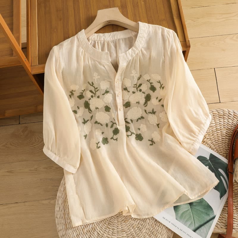 Casual Women's Flowers Green Leaves Embroidery Pattern V-Neck Design Half Sleeve Cotton Linen Shirt