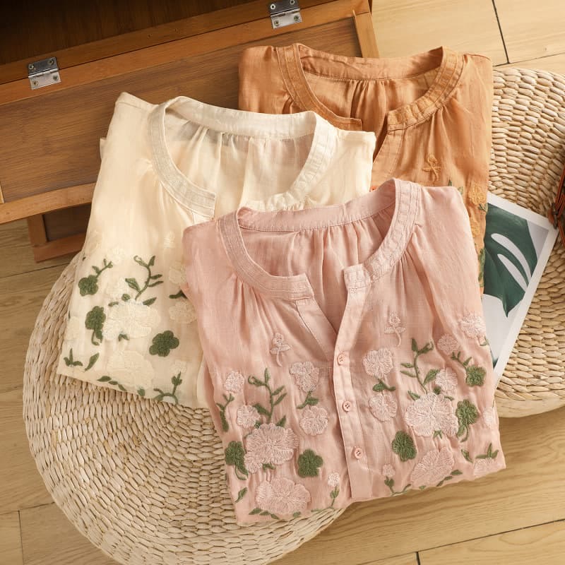 Casual Women's Flowers Green Leaves Embroidery Pattern V-Neck Design Half Sleeve Cotton Linen Shirt