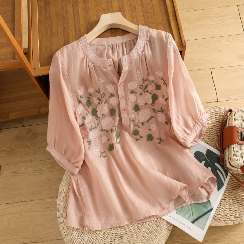 Casual Women's Flowers Green Leaves Embroidery Pattern V-Neck Design Half Sleeve Cotton Linen Shirt