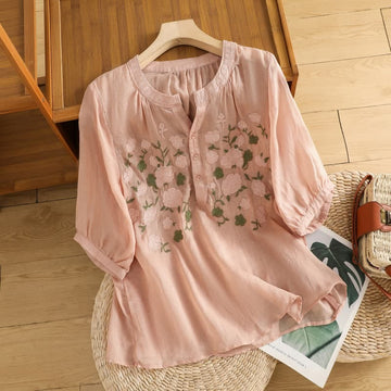 Casual Women's Flowers Green Leaves Embroidery Pattern V-Neck Design Half Sleeve Cotton Linen Shirt