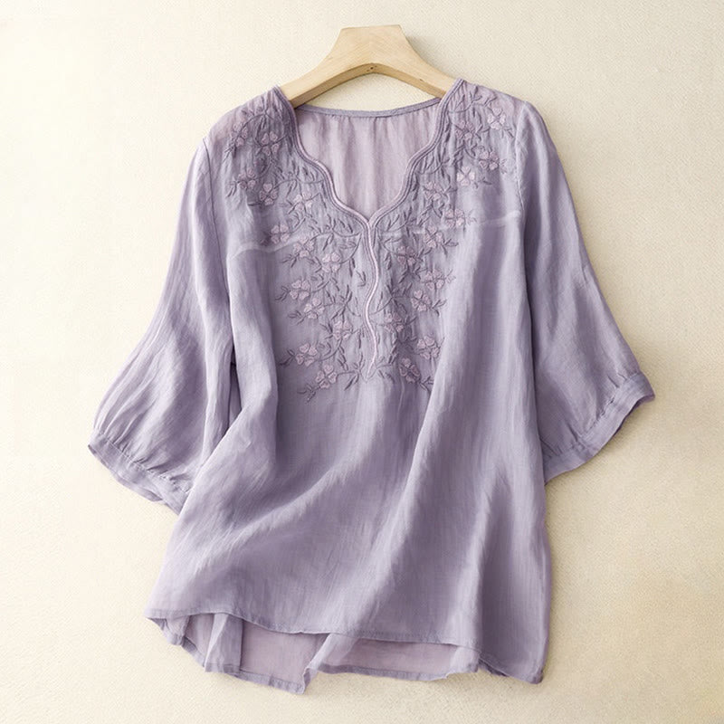 Summer Casual Embroidered Flowers Women's V-neck Design Half Sleeve Acrylic T-shirt