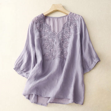 Summer Casual Embroidered Flowers Women's V-neck Design Half Sleeve Acrylic T-shirt