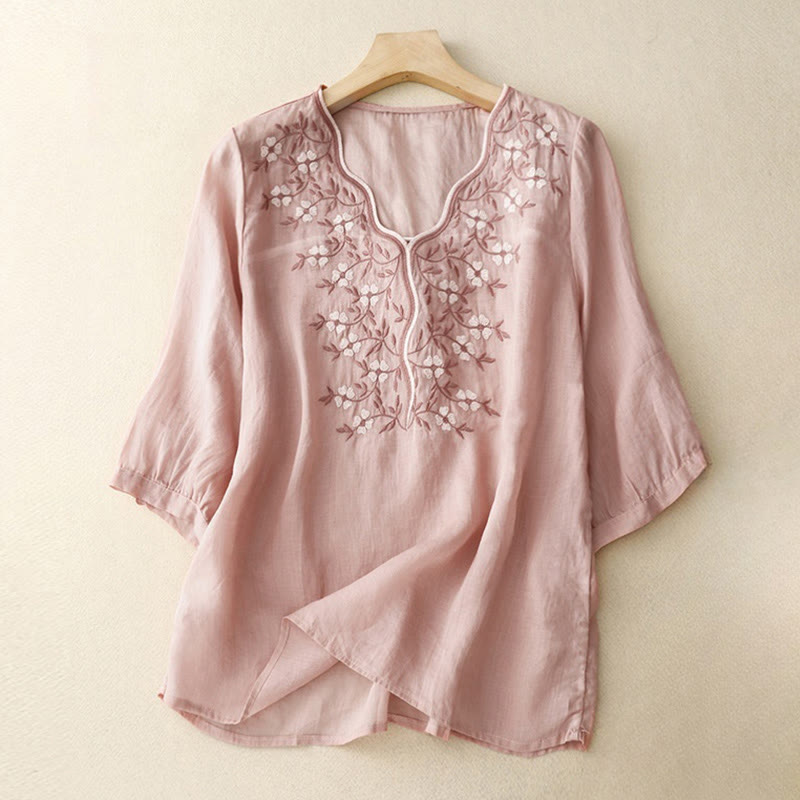 Summer Casual Embroidered Flowers Women's V-neck Design Half Sleeve Acrylic T-shirt