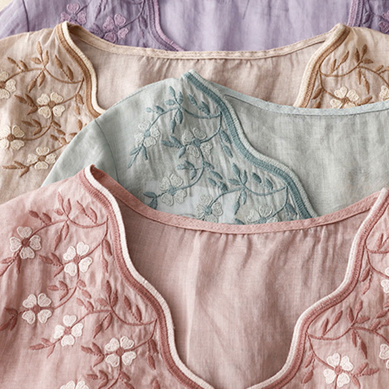 Summer Casual Embroidered Flowers Women's V-neck Design Half Sleeve Acrylic T-shirt