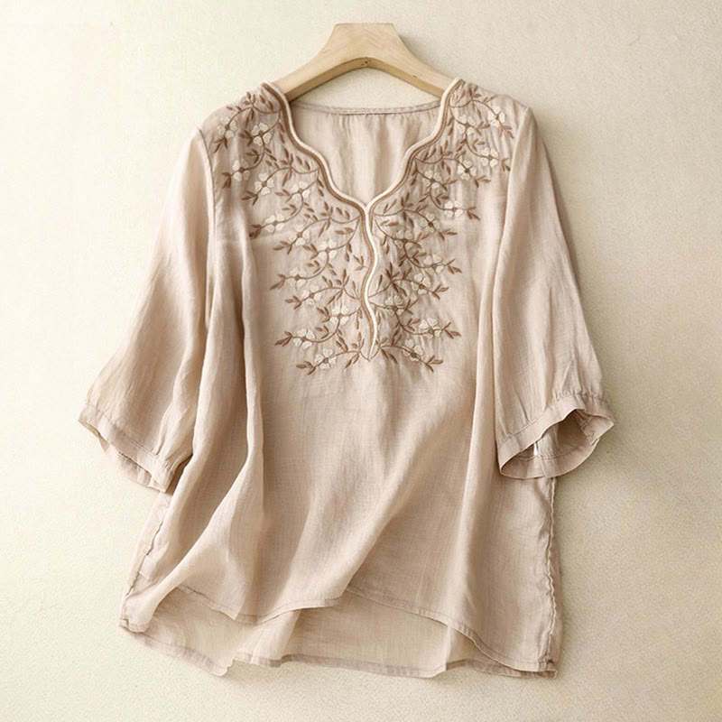 Summer Casual Embroidered Flowers Women's V-neck Design Half Sleeve Acrylic T-shirt