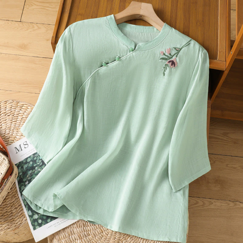 Embroidered Cotton Linen Frog-Button Mindful Meditation Shirt