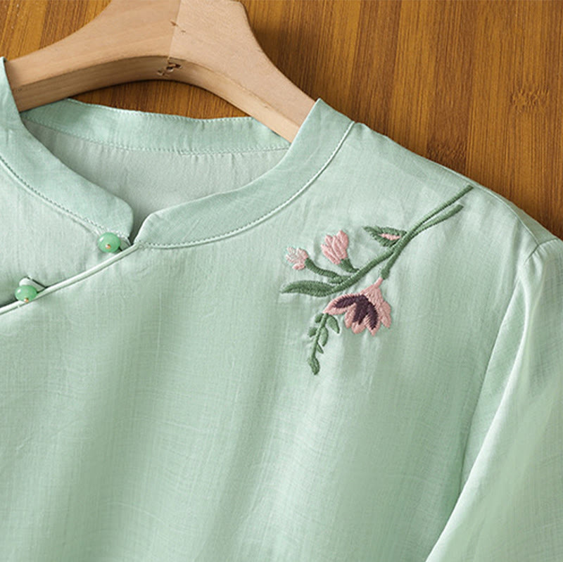 Embroidered Cotton Linen Frog-Button Mindful Meditation Shirt