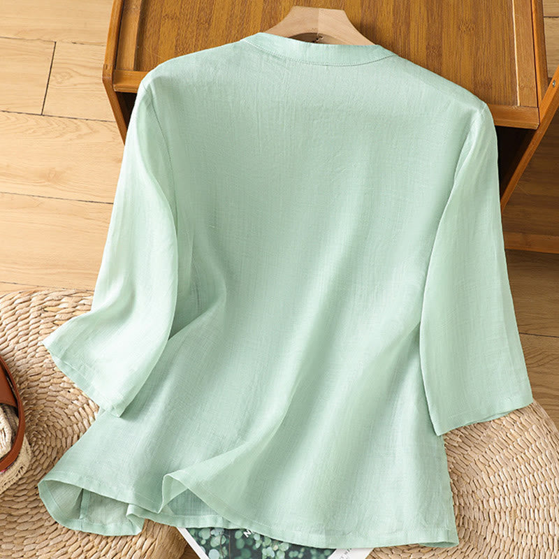 Embroidered Cotton Linen Frog-Button Mindful Meditation Shirt