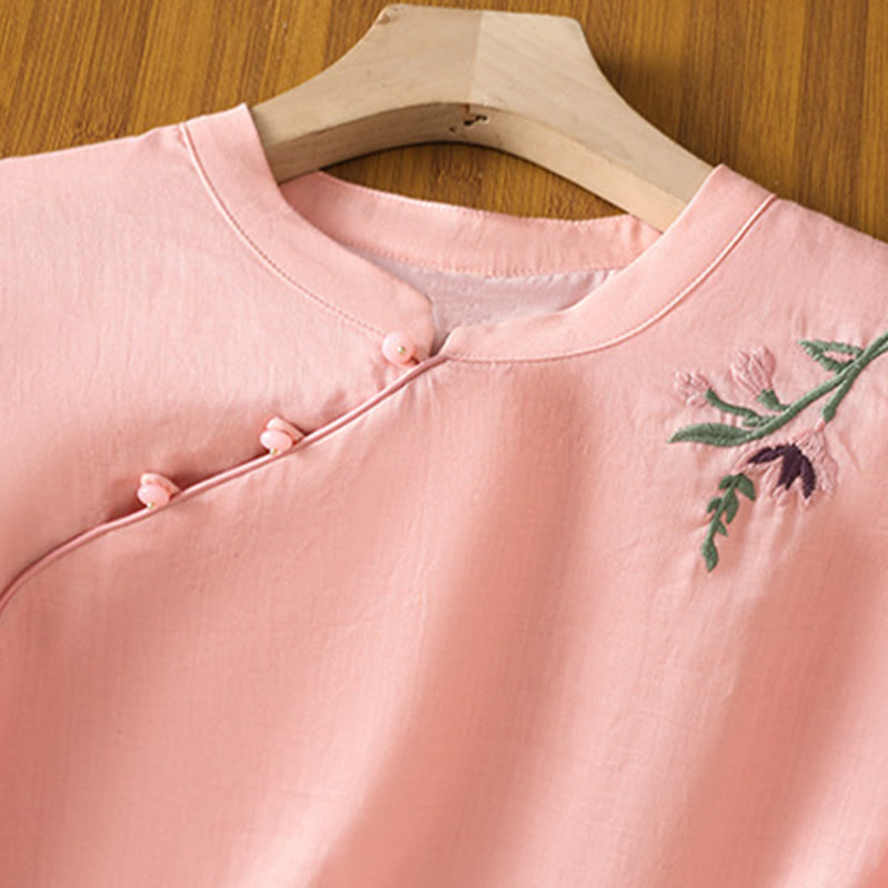 Embroidered Cotton Linen Frog-Button Mindful Meditation Shirt