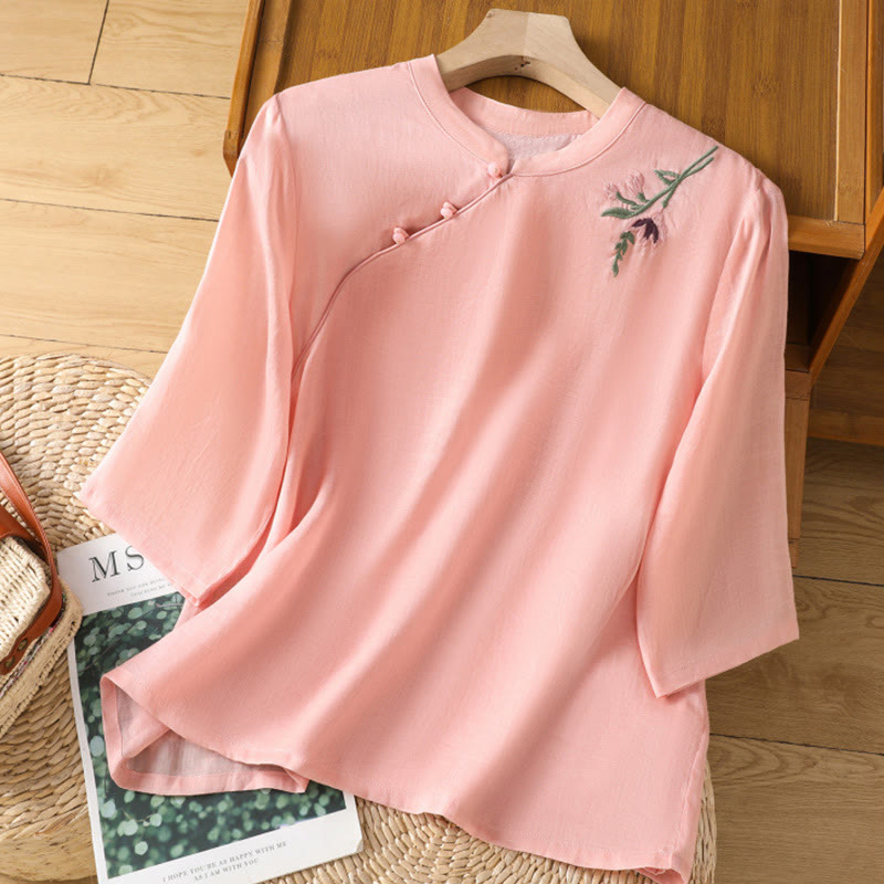 Embroidered Cotton Linen Frog-Button Mindful Meditation Shirt