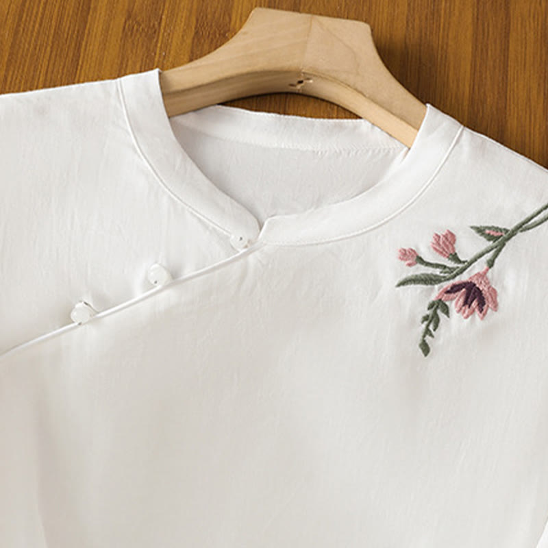 Embroidered Cotton Linen Frog-Button Mindful Meditation Shirt