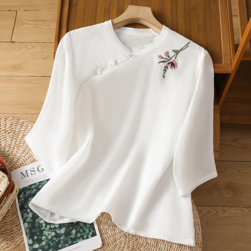 Embroidered Cotton Linen Frog-Button Mindful Meditation Shirt