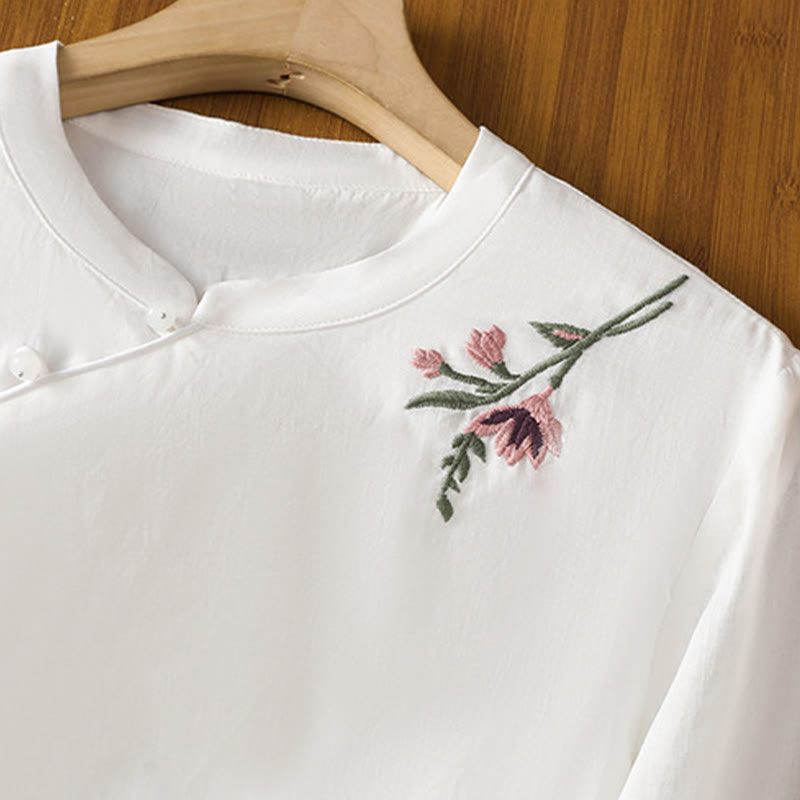Embroidered Cotton Linen Frog-Button Mindful Meditation Shirt