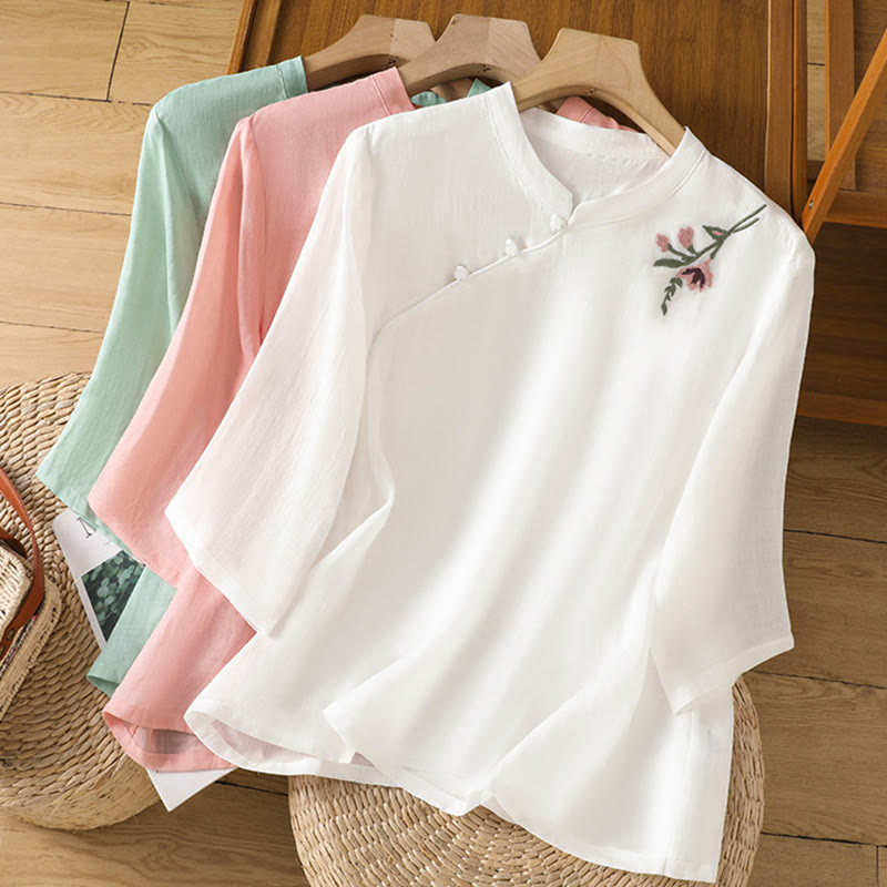 Embroidered Cotton Linen Frog-Button Mindful Meditation Shirt