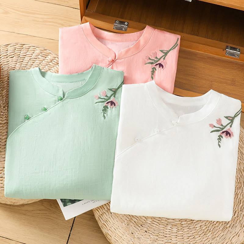Embroidered Cotton Linen Frog-Button Mindful Meditation Shirt