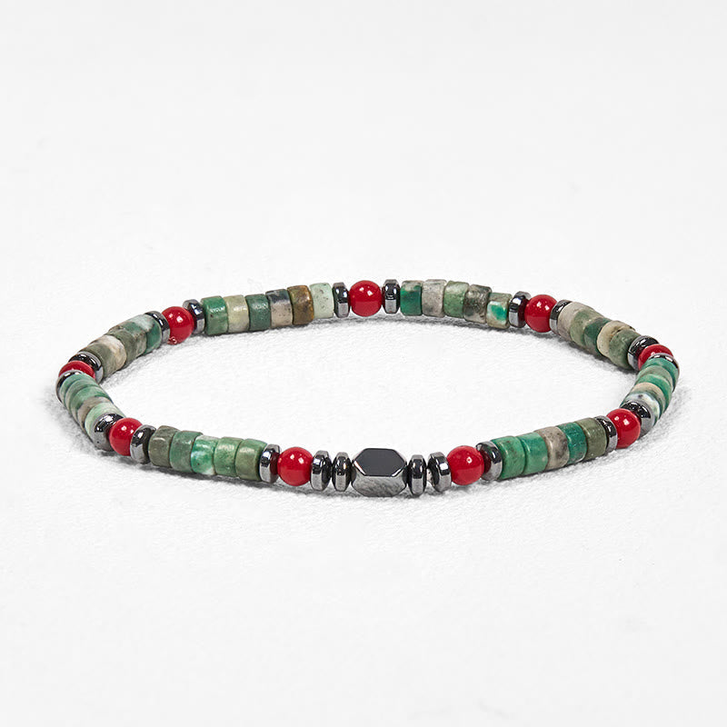 Natural Hematite and Red Coral with Green Stone Grounding Bracelet