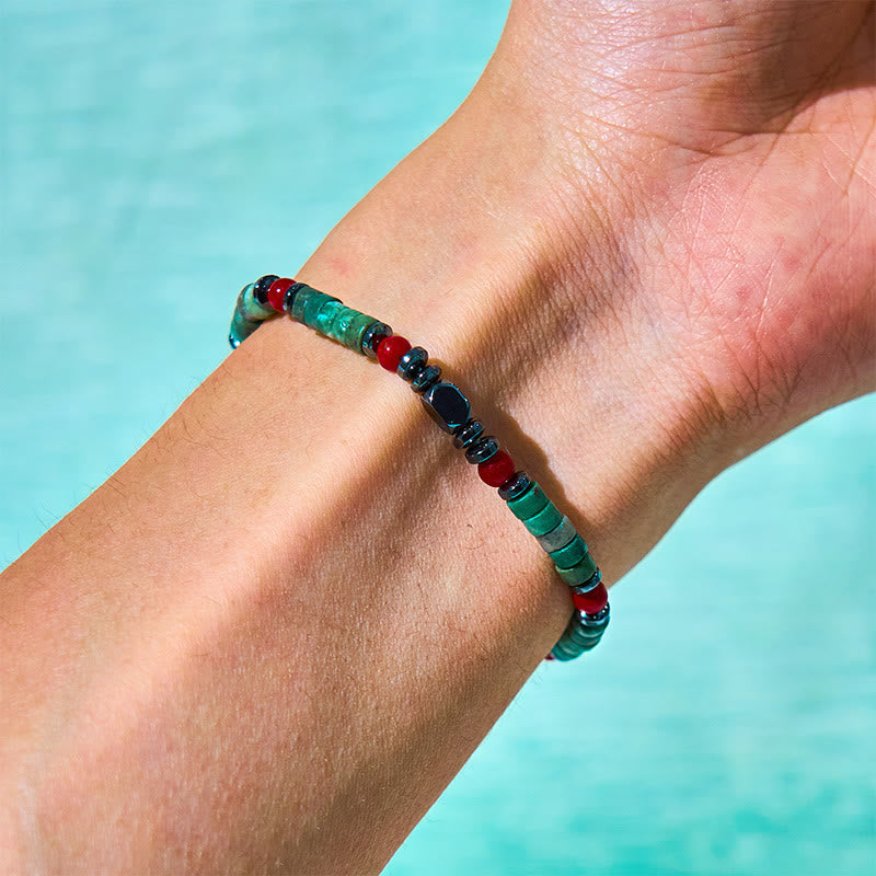 Natural Hematite and Red Coral with Green Stone Grounding Bracelet