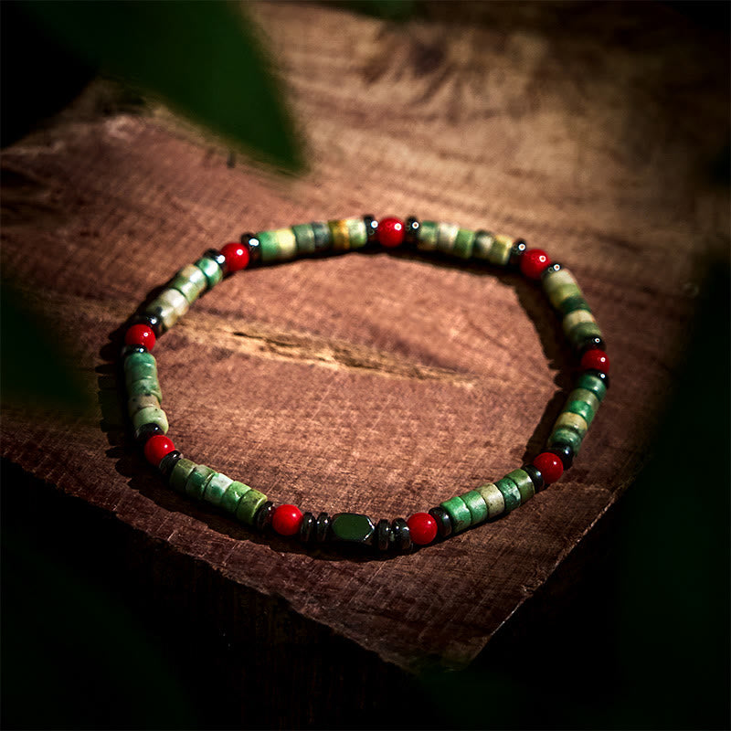 Natural Hematite and Red Coral with Green Stone Grounding Bracelet