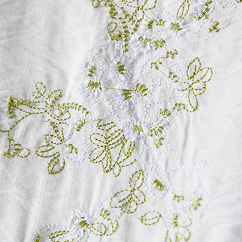 Casual Women's Flowers Embroidery Pattern Frog-button Slanted Collar Design Three Quarter Sleeve Cotton Linen Shirt