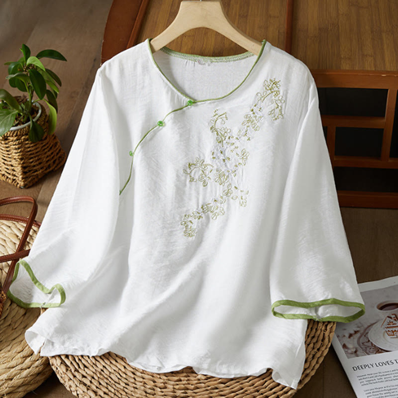 Casual Women's Flowers Embroidery Pattern Frog-button Slanted Collar Design Three Quarter Sleeve Cotton Linen Shirt