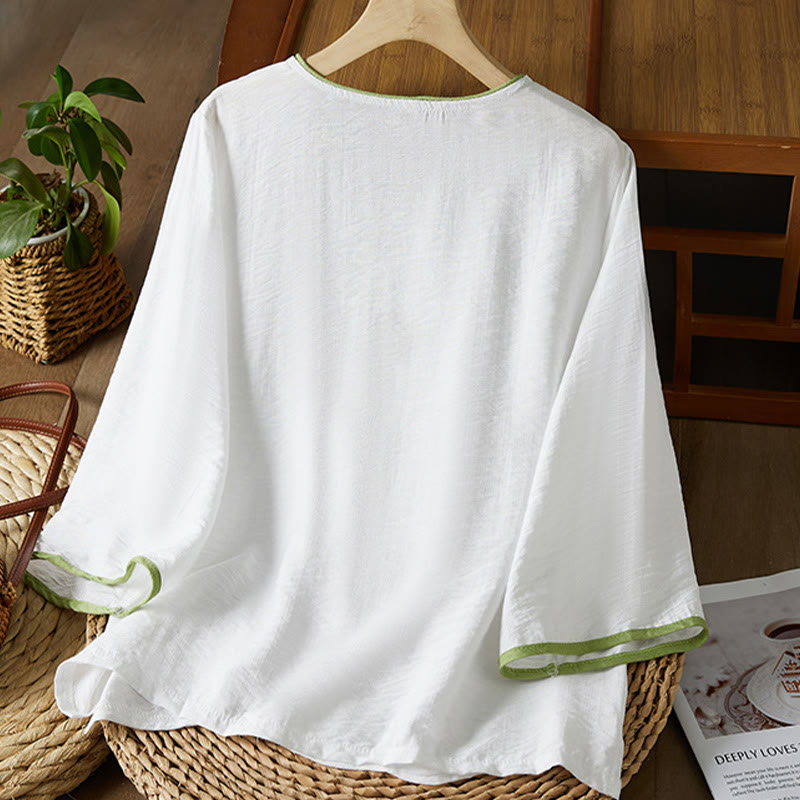 Casual Women's Flowers Embroidery Pattern Frog-button Slanted Collar Design Three Quarter Sleeve Cotton Linen Shirt