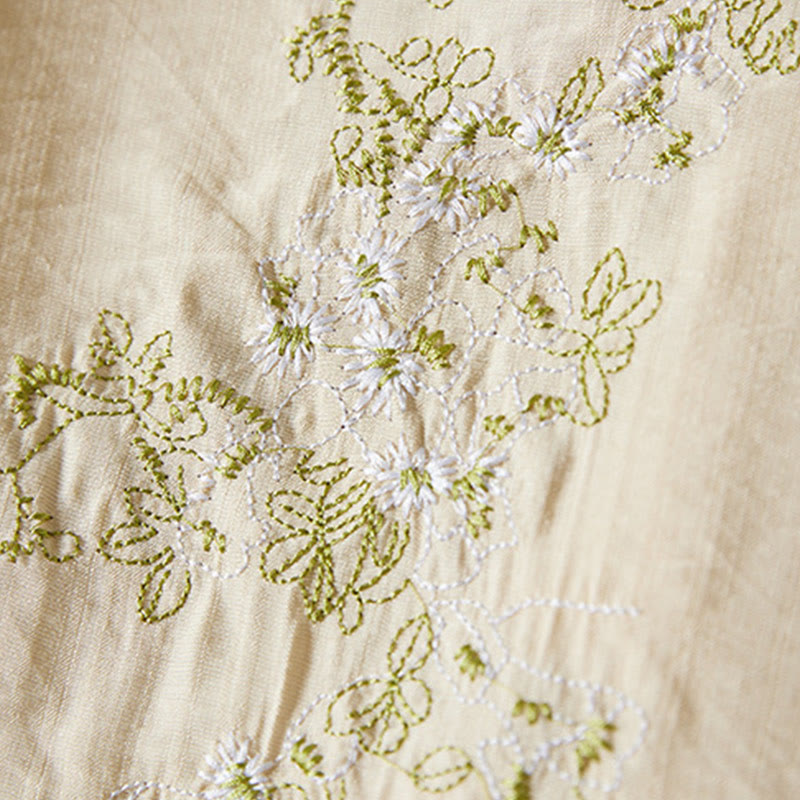 Casual Women's Flowers Embroidery Pattern Frog-button Slanted Collar Design Three Quarter Sleeve Cotton Linen Shirt
