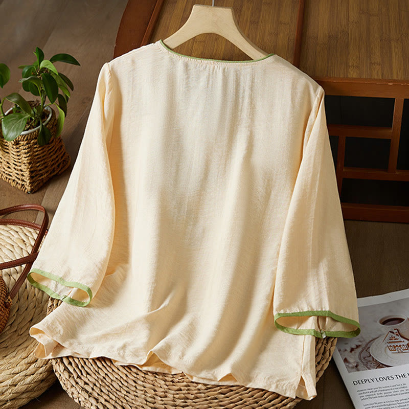 Casual Women's Flowers Embroidery Pattern Frog-button Slanted Collar Design Three Quarter Sleeve Cotton Linen Shirt