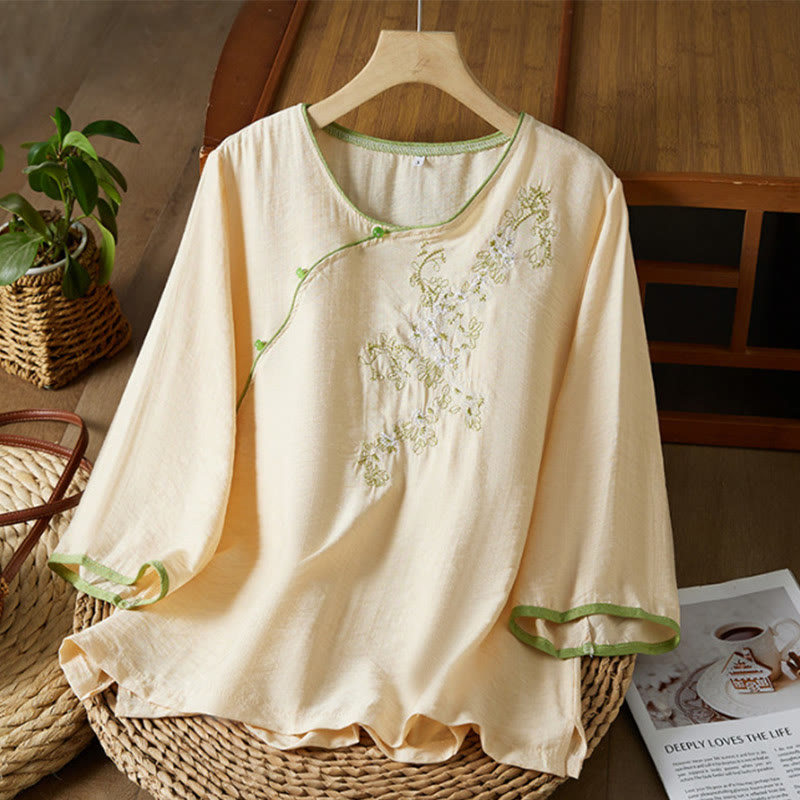 Casual Women's Flowers Embroidery Pattern Frog-button Slanted Collar Design Three Quarter Sleeve Cotton Linen Shirt
