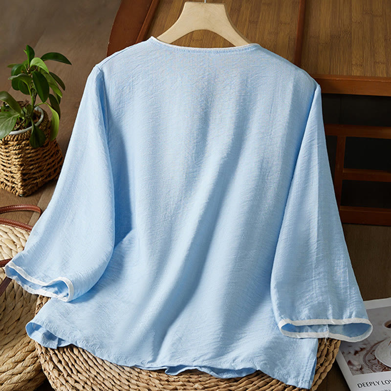 Casual Women's Flowers Embroidery Pattern Frog-button Slanted Collar Design Three Quarter Sleeve Cotton Linen Shirt