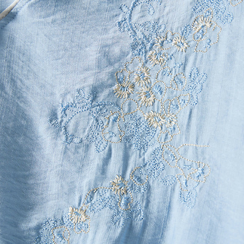 Casual Women's Flowers Embroidery Pattern Frog-button Slanted Collar Design Three Quarter Sleeve Cotton Linen Shirt
