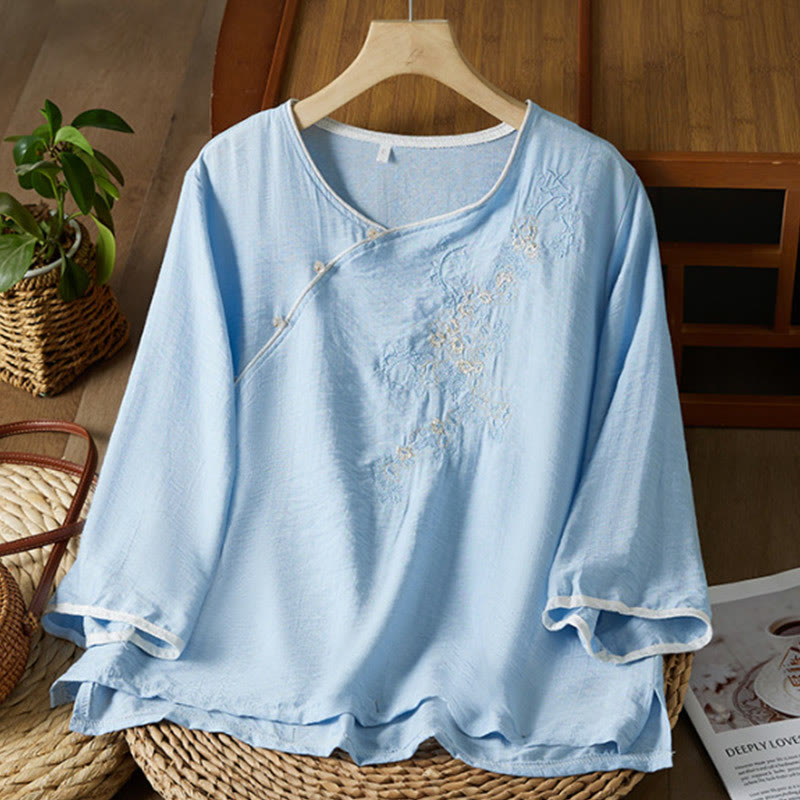 Casual Women's Flowers Embroidery Pattern Frog-button Slanted Collar Design Three Quarter Sleeve Cotton Linen Shirt
