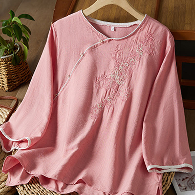 Casual Women's Flowers Embroidery Pattern Frog-button Slanted Collar Design Three Quarter Sleeve Cotton Linen Shirt